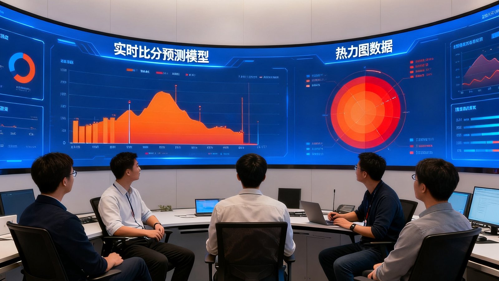 数据科学家团队围坐在弧形大屏幕前，墙上显示着实时比分预测模型和热力图数据，团队成员专注讨论